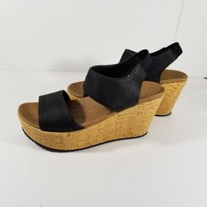 Skechers Luxe Foam Sandals Women's 6 Black Brit Tall Tale High Wedge Platform